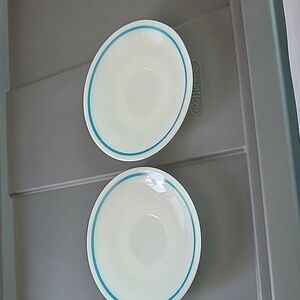 Milk Glass Pyrex Plates. Teal Trim. 6 Inches Set Of 2 Vintage